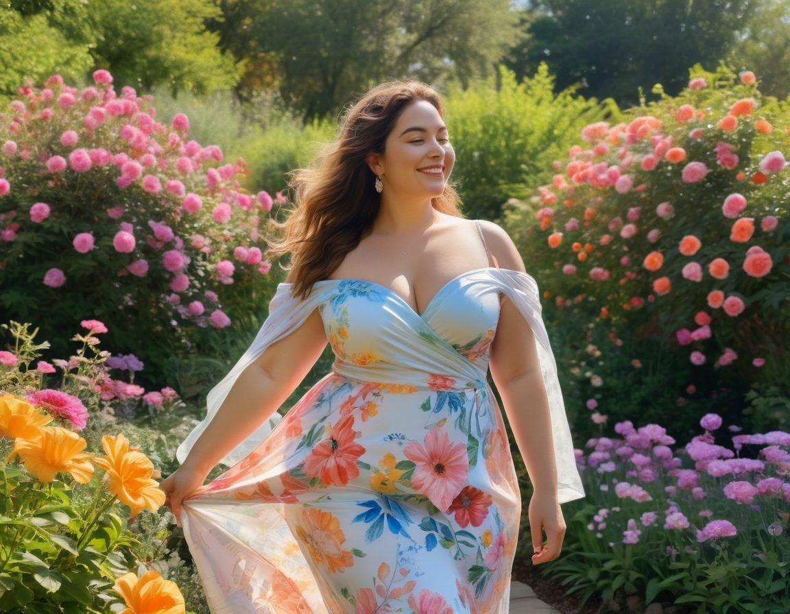 A confident, curvy figure standing in a sunlit, lush garden, adorned with vibrant flowers and soft pastel colors. The person embraces their body with a smile, radiating joy and self-love, adorned with flowing fabrics that reflect sensuality. Soft, warm light cascades over the scene, creating an inviting atmosphere of positivity and acceptance. Impressionist style with a focus on natural beauty and body positivity.