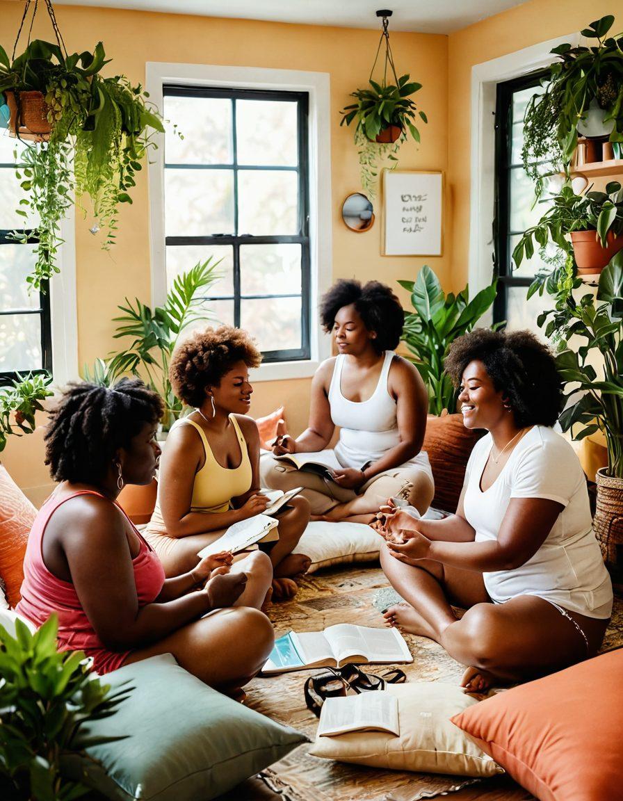A warm and inviting scene featuring a diverse group of individuals celebrating their bodies in a cozy, soft-lit room filled with plants and cushions. Each person is engaged in a self-love activity, such as journaling, meditating, or sharing positive affirmations, showcasing various body types and skin tones. Include colorful artwork on the walls that embodies body positivity and acceptance. Emphasize a sense of community and empowerment. vibrant colors. cozy atmosphere. soft focus.