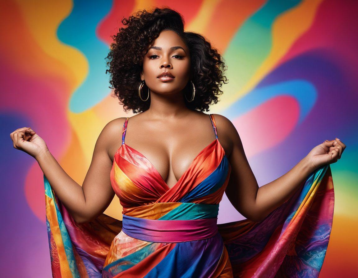 A confident woman of diverse ethnic backgrounds proudly displaying her cleavage in a powerful and empowering pose, surrounded by abstract representations of body positivity messages. The background features a bright, uplifting gradient symbolizing transformation and empowerment. The woman is adorned with elegant, flowing fabric to emphasize grace. The overall mood is vibrant and celebratory. super-realistic. vibrant colors. soft focus.